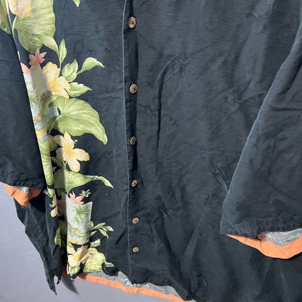 Tommy Bahama Mens XXL Black Silk Floral Swordfish Jacquard Camp Shirt 26x33